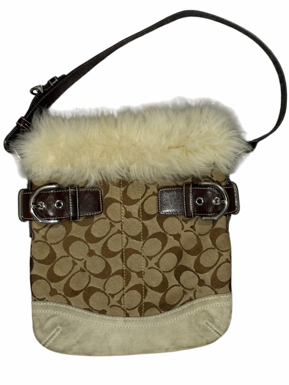 Coach Y2K Shearling Fur Trim Bag 8K47 Tan Signature Canvas Brown Leather Vintage